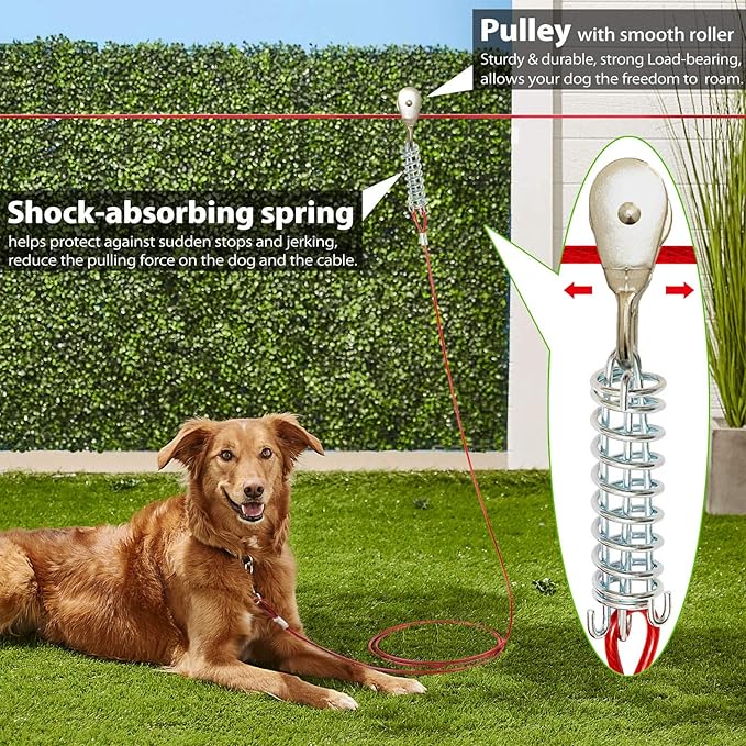Heavy Duty Aerial Dog Tie Out Trolley System for Small to Large - Dog Run Cable 100ft /75ft Zipline with 10ft Runner Cable Great for Yard Camping Outdoor (Red, 75 ft for one up to 200 lbs)