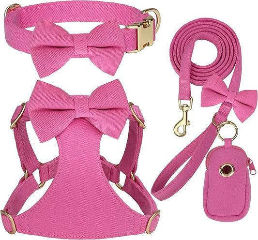 Beirui Adorable Small Dog Harness Collar and Leash Set,Cute Puppy Harness Set with 3 Bows for Small Dogs,Shih Tzu,Dachshund,Adjustable Step-in Vest for Walking,Parties&Holiday Outfits(Hot Pink,S)