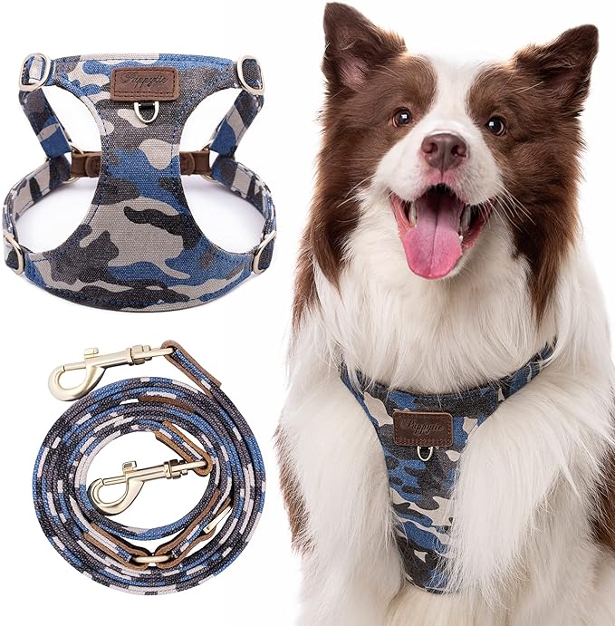 Dog Harness, No Pull Dogs Harness and Multi-Function Leash Set for Medium Dogs Easy Walk Everyday Adjustable Soft Dog Vest Harness Fashionable Dog Accessories Camouflage Blue-Slim Large