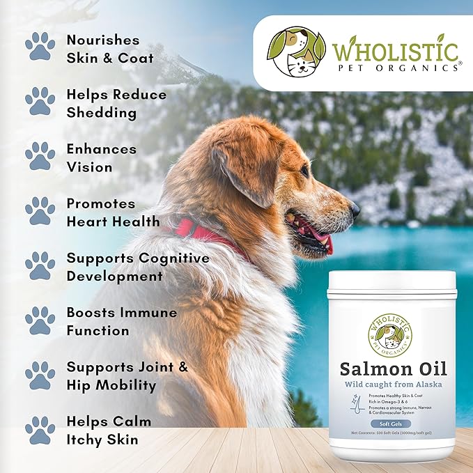 Wholistic Pet Organics Wild Alaskan Salmon Oil for Dogs - 500 Soft Gels - Rich Omega 3 Fish Oil with EPA & DHA for Skin, Coat, Joint, and Heart Health - Choice for Dog Skin & Coat Care