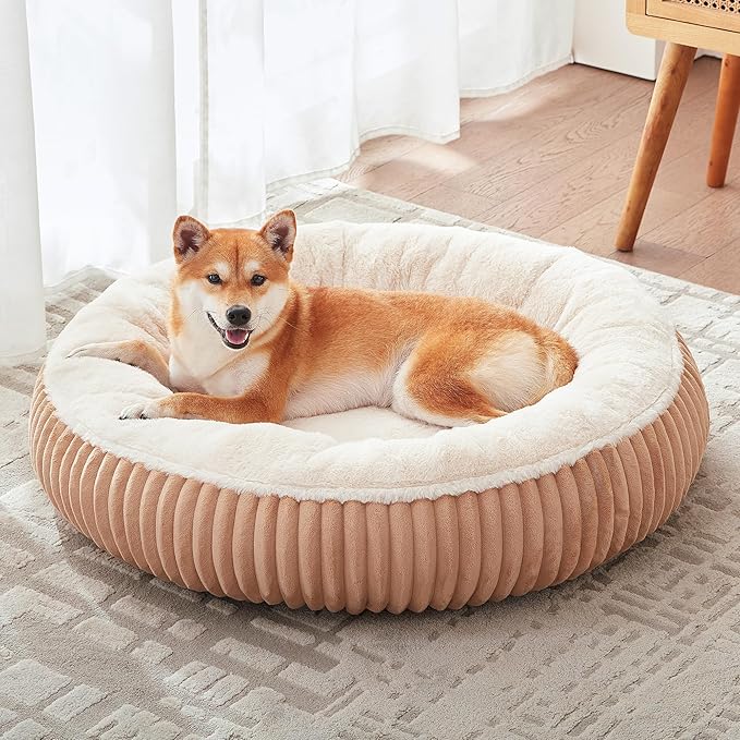 33 inches Donut Dog Bed for Medium Large Dogs,Calming Round Pet Bed with Removable Cover,Washable Milk Plush Faux Fur, Fits up to 50 lbs Pets(Brown,M Plus)