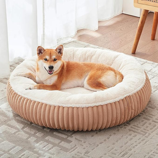 33 inches Donut Dog Bed for Medium Large Dogs,Calming Round Pet Bed with Removable Cover,Washable Milk Plush Faux Fur, Fits up to 50 lbs Pets(Brown,M Plus)