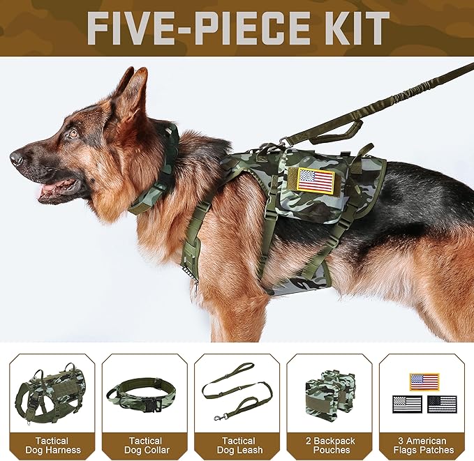 Forestpaw Tactical Dog Harness Tactical Dog Collar with Bungee Leash Set,No Pull Military Dog Harness for Walking Training,Adjustable for Medium Large Dogs,Camouflage Green,Chest 21.5-45"