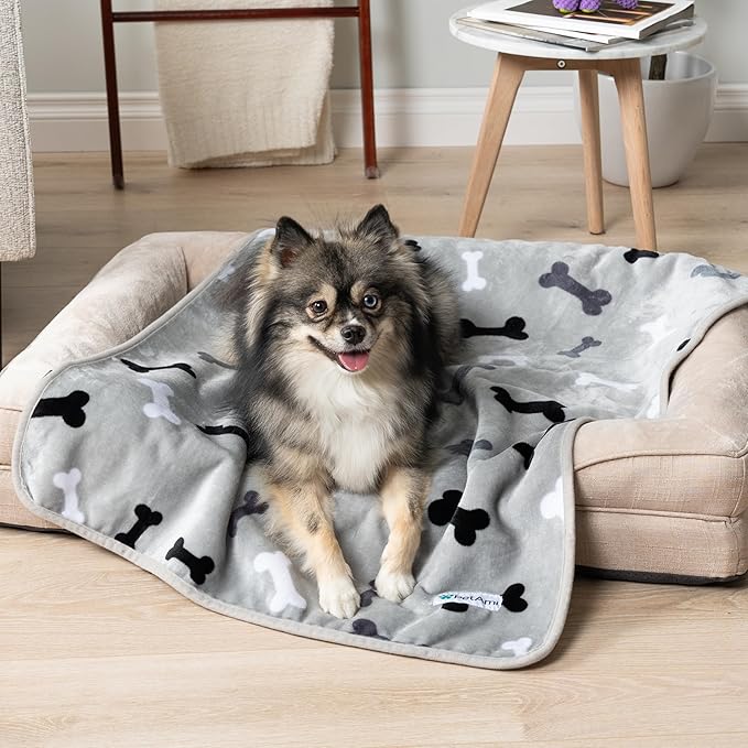 PetAmi Waterproof Dog Blanket Sherpa Fleece, Pet Small Medium Dog, Reversible Large Cat Throw Bed Couch Sofa Furniture Protector Soft Plush Microfiber (Small 24x32, Bone Print Gray), (24x32)
