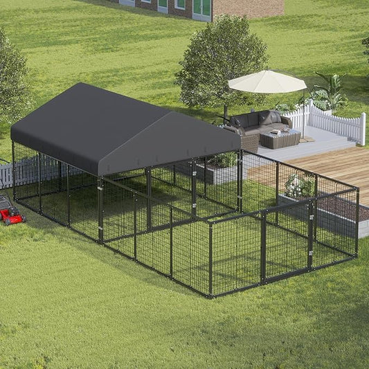 Outdoor Dog Kennel with Dog Fence for Medium/Small Dogs Anti-Rust Coating Cage with Roof All Weather Resistant Dog House with Double Locks