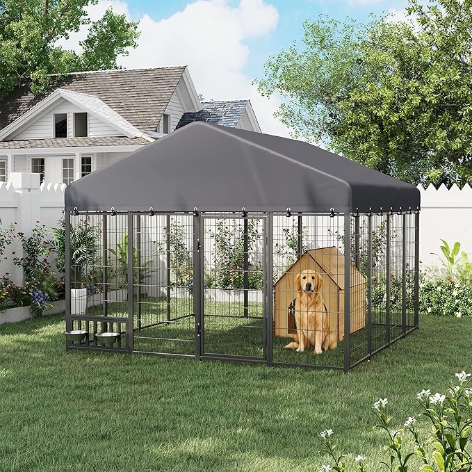 Heavy Duty Outdoor Dog Kennel for Yard, 8x8 Medium Steel Chain Link Fence with Roof, Dog Run Enclosure with Feeding Bowl & Self-Locking Latch