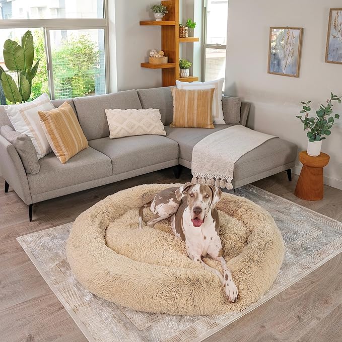 Best Friends by Sheri The Original Calming Donut Dog Bed – Washable Plush Pet Bed for XXL Breeds up to 210 lbs, Shag Faux Fur, Taupe, XXL (54" x 54")