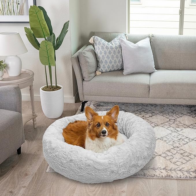 Best Friends by Sheri The Original Calming Donut Dog Bed – Washable Plush Pet Bed for Medium Breeds up to 45 lbs, Lux Faux Fur, Gray, Medium (30" x 30")