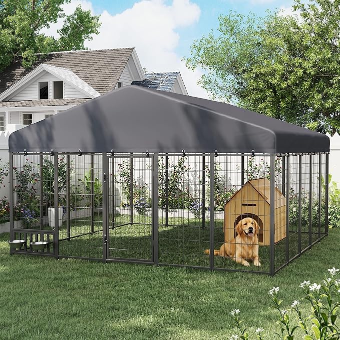 Heavy Duty Outdoor Dog Kennel for Yard, 10x10 Large Steel Chain Link Fence with Roof, Dog Run Enclosure with Feeding Bowl & Self-Locking Latch