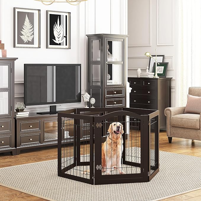 PAWLAND 144-inch Extra Wide 30-inches Tall Dog gate with Door Walk Through, Freestanding Wire Pet Gate for The House, Doorway, Stairs, Pet Puppy Safety Fence, Support Feet Included, Espresso,6 Panels