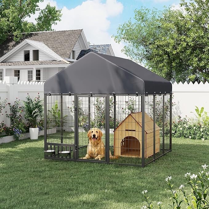 Heavy Duty Outdoor Dog Kennel for Yard, 6x6 Small Steel Chain Link Fence with Roof, Dog Run Enclosure with Feeding Bowl & Self-Locking Latch