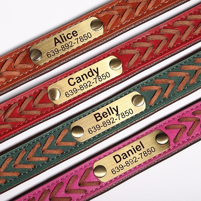 Personalized Dog Collars Custom Premium PU Leather Dog Collar with Name and Phone Number Engraved Name Plate for Medium Dogs Customized Customizable Adjustable Dog Collar, Green,M(11-14")