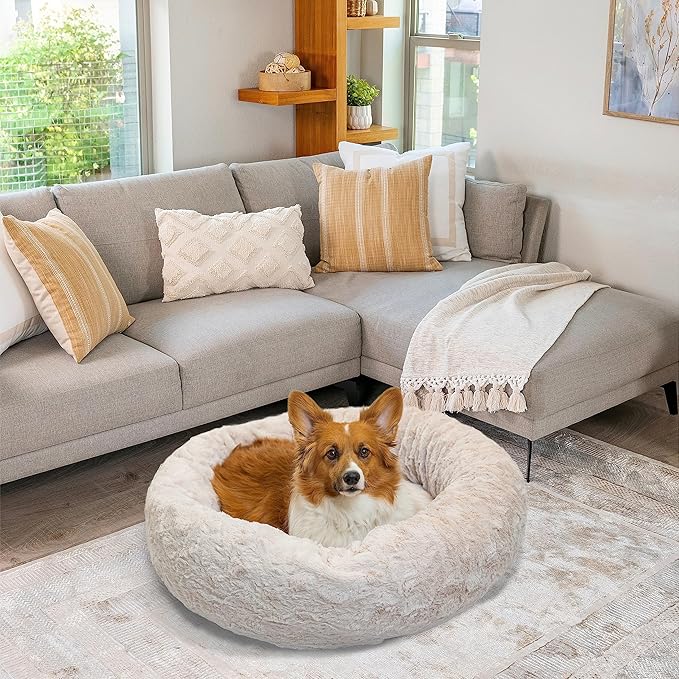 Best Friends by Sheri The Original Calming Donut Dog Bed – Washable Plush Pet Bed for Medium Breeds up to 45 lbs, Lux Faux Fur, Oyster, Medium (30" x 30")