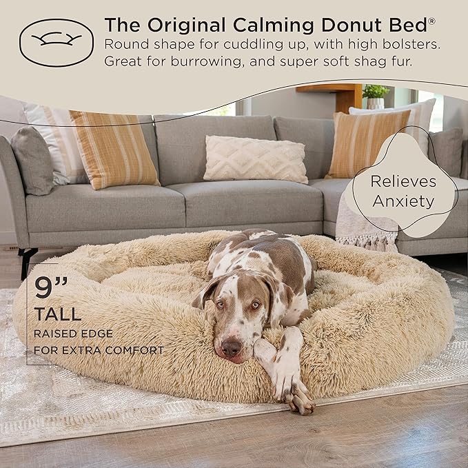 Best Friends by Sheri The Original Calming Donut Dog Bed – Washable Plush Pet Bed for XXL Breeds up to 210 lbs, Shag Faux Fur, Taupe, XXL (54" x 54")
