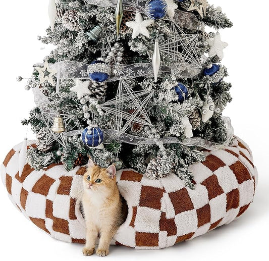 Lesure Cat Tunnel Bed for Indoor Cats - Cute Cat Donut Tunnel Toys for Small Large Cats with Washable Circle Cushion, Round Pet Peekaboo Cave Toy for Kitten/Puppy/Rabbit, Standard Brown Checks